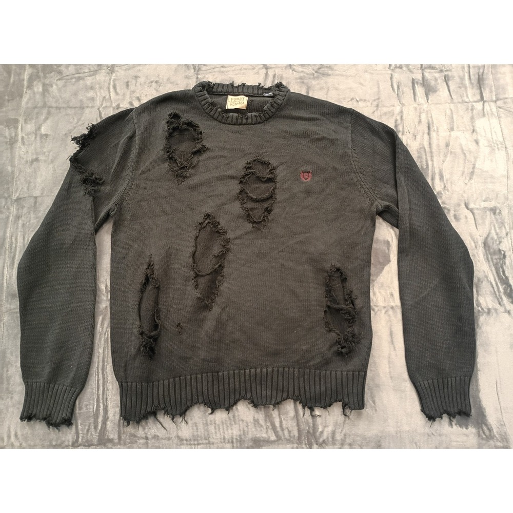 FURST OF A KIND Distressed Ripped Sweater‎ Charcoal Gray Crew Neck Knit